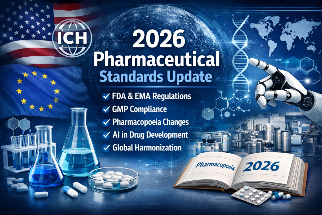 2026 Pharmaceutical Standards Update illustration showing FDA and EMA regulations, GMP compliance, pharmacopoeia changes, AI in drug development, and global harmonization with lab equipment and manufacturing background.